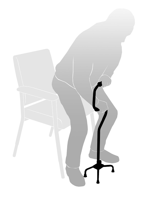 RGWS101-CROOKED-QUAD-CANE-human-using-quad Walking Stick, Quad Base, Crook Handle, Standing Assist, Bronze 850-1080mm (113Kg)